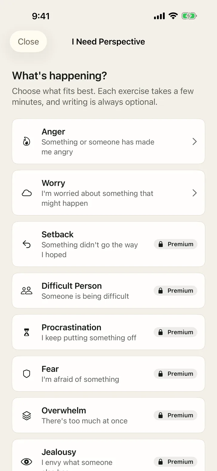 The I Need Perspective screen asks “What’s happening?” and lists situations such as Anger, Worry and Setback.